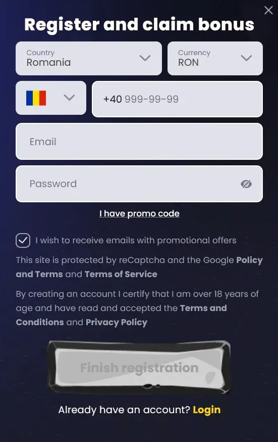 SlotsGem Formular de Înregistrare