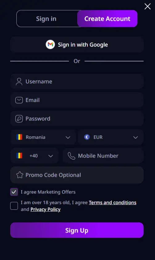 Zizobet Casino Formular de Înregistrare